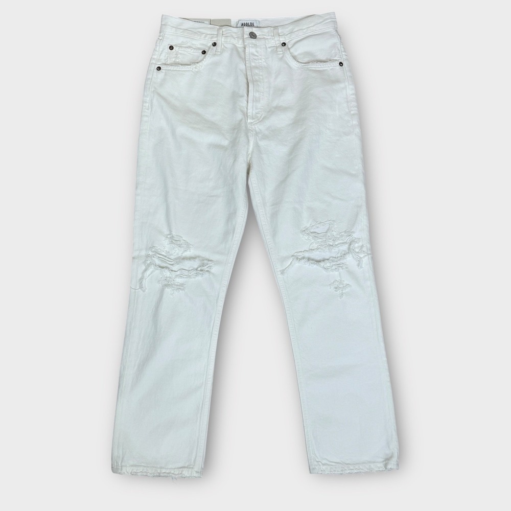 AGOLDE NWT‎ Riley Crop High Rise Straight Distressed White Jeans Size 28 Stretch